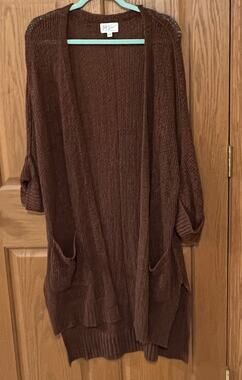 Before You Brown Knit Duster Cardigan Open Front Pockets S/M